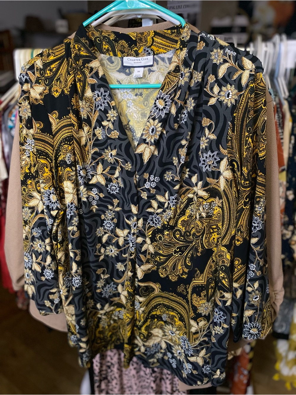 Charter Club Black and Gold Paisley Fall Floral Blouse